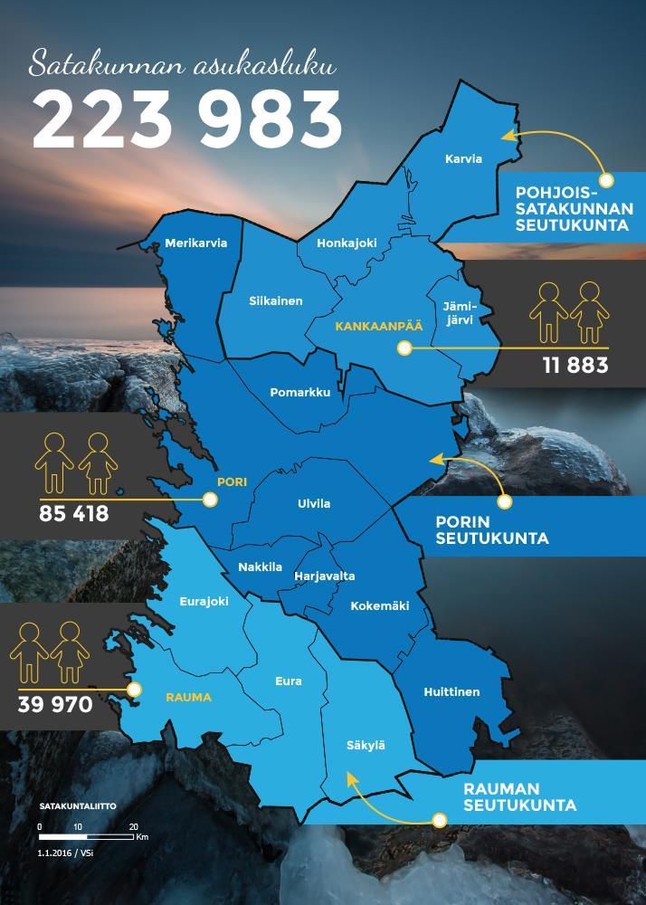 9 Päivitys 15.9.2015: Vuoden 2015 alusta Lavia on liitetty Poriin. Vuoden 2016 alusta Köyliö ja Säkylä muodostavat yhden kunnan. Vuoden 2017 alusta suunnitelmissa on Luvian ja Eurajoen yhdistyminen.