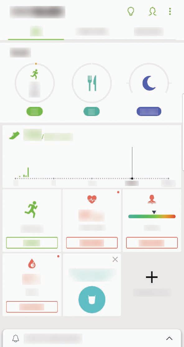 Sovellukset ja ominaisuudet Samsung Health -sovelluksen käyttäminen Voit seurata hyvinvointiasi ja kuntoasi näyttämällä tärkeimmät tiedot Samsung Health -sovelluksen valikoista ja seurantaohjelmista.