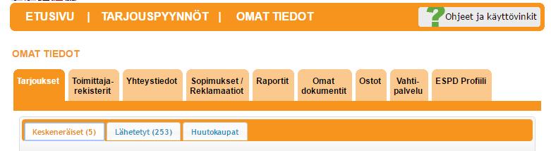 Tarjousten ja omien tietojen hallinta Tarjouspyynnön määräajan ollessa voimassa voit: muokata keskeneräisiä tarjouksia jättää kysymyksiä hankintayksikölle tarkastella lähetettyjä tarjouksia perua