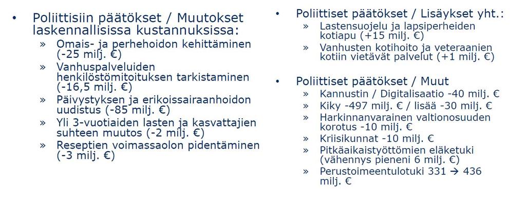 Kuntien valtionosuuteen vuonna 2019 vaikuttaa indeksitarkistuksen jäädytyksen ohella myös lukuisia muita poliittisia päätöksiä Muita tarkistuksia ovat mm.