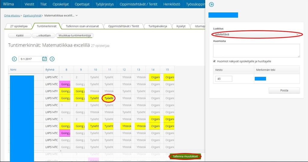 Poissaolojen merkitseminen Wilmaan Poissaolot merkitään Opetusryhmän Tuntimerkintöjen kautta. HUOM!