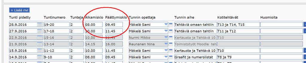 Tuntimerkinnät Opetusryhmien kautta Helpoin ja paras tapa merkitä Tuntimerkinnät opiskelijoille on etusivun kalenterin kautta, jolloin merkinnät menevät oikean opinnon kohdalle.