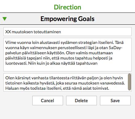 Kolmanteen kenttään kirjaat, miksi tämä asia on niin tärkeä, mikä on sen laajempi merkitys. Kirjatut fokusalueet ilmestyvät tehtäväruutujen (Tasks) monivalintavalikkoon.