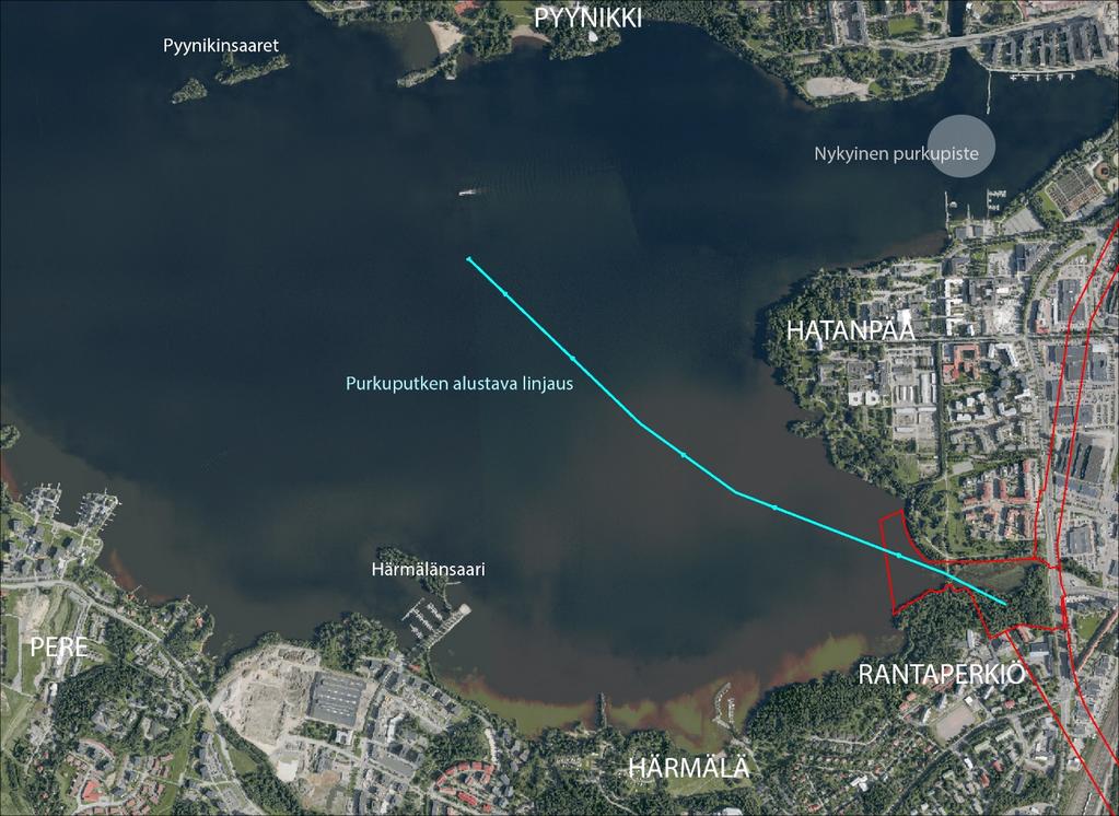 Kuva 2. Purkuputken alustava linjaus vesialueella (vaalean sininen viiva). Asemakaavojen suunnittelualueiden rajat kuvassa punaisella viivalla. Lähde: Tampereen kaupunki ja Ramboll Finland Oy 2016.