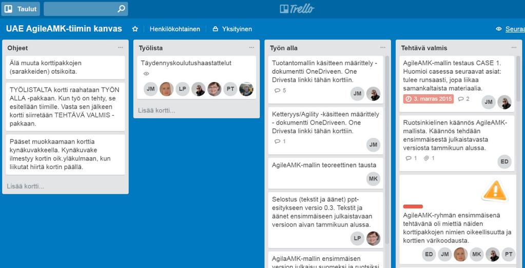 Trello ja Excel tehtävien hallinnassa AgileAMK-malli ei sinänsä ota kantaa käytettäviin työvälineisiin, vaan antaa toimijoille täyden vapauden valita parhaiten sopivat projektinhallinnan välineet.