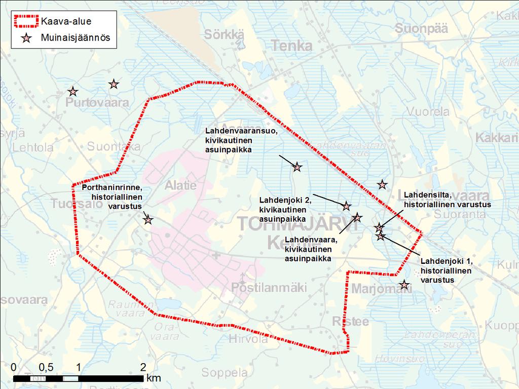 16 (43) 19.3.2018 Muinaisjäännökset Kuva 4.3. Muinaisjäännökset. Keväällä 2015 on laadittu hankkeen oma muinaisjäännösinventointi (Mikroliitti Oy).