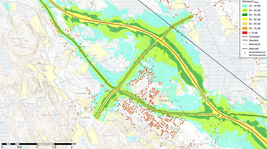 Kaavassa uusi tielinjaus sijoittuu harvaan asutulle alueelle, joten meluhaitat ovat nykyistä vähäisemmät.