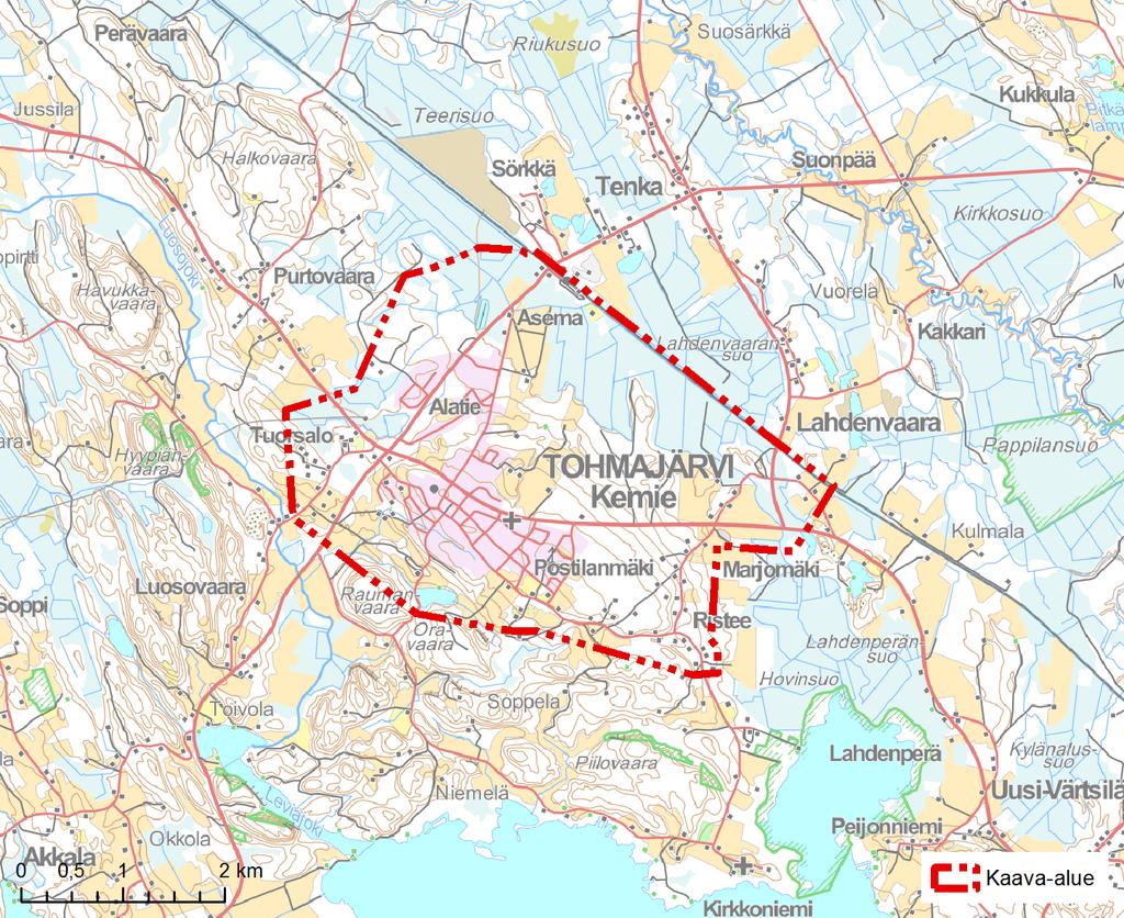 19.3.2018 5 (43) Kuva 1.2. Osayleiskaavan rajaus. Kaava-alue käsittää Kemien taajaman ympäristön junaradalle asti. 1.4 Luettelo selostuksen liiteasiakirjoista 1 Osallistumis- ja arviointisuunnitelma 10.