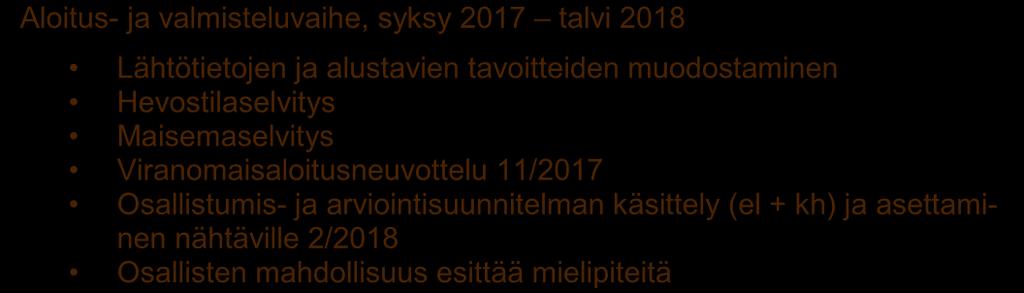 Luonnosvaihe, kevät kesä 2018 Selvitysten täydentäminen, rakennuspaikkamitoituksen laatiminen Tavoitteiden täsmentäminen, osayleiskaavaluonnoksen laatiminen, alustava vaikutusten arviointi