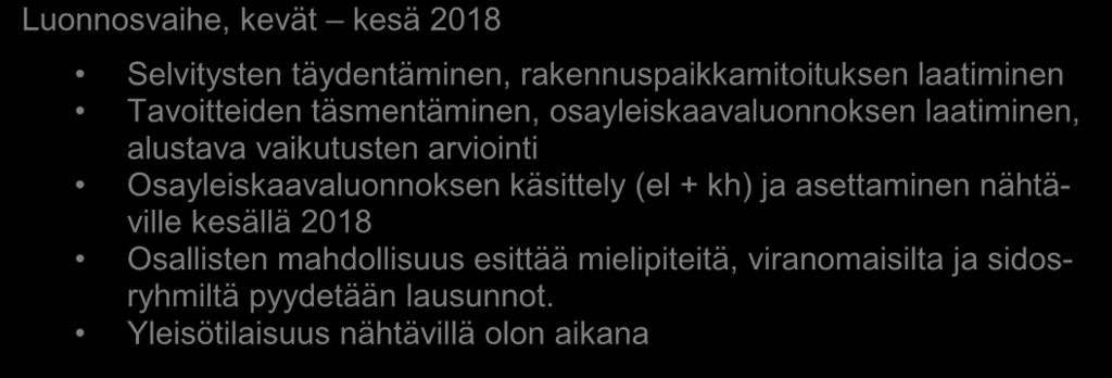 Yleisötilaisuus nähtävillä olon aikana Ehdotusvaihe, syksy 2018 talvi 2019 Osayleiskaavaluonnoksesta saadun palautteen kokoaminen ja käsittely (el + kh) Osayleiskaavaehdotuksen muodostaminen;