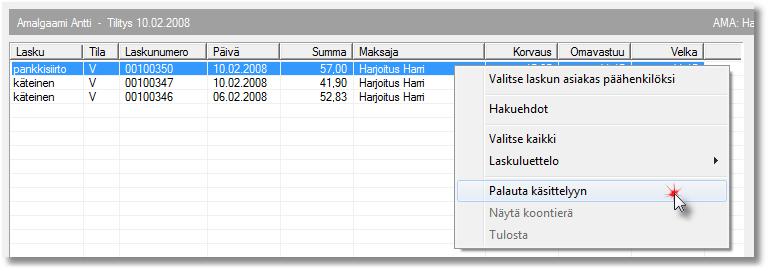 12 / 13 7. APUTOIMINTOJA Näillä aputoiminnoilla voidaan käsitellä kelatapahtumien ongelmatilanteita. 7.1. Laskun Kela-korvausmaksun poistaminen Mikäli laskulle on jo merkitty Kelakorvaus, mutta se