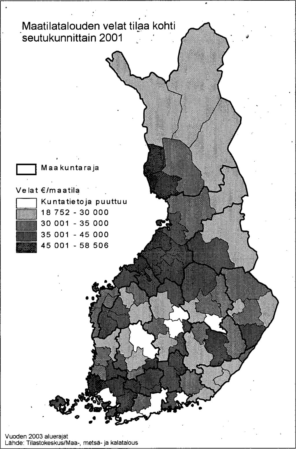 52 Kuva 3.26. Maatilatalouden velat tilaa kohti seutukunnittain 2001.