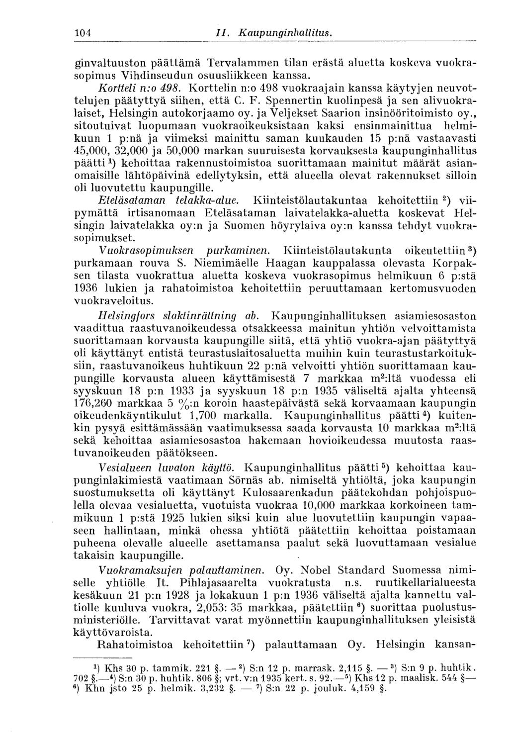 104. II. Kaupunginhallitus. ginvaltuuston päättämä Tervalammen tilan erästä aluetta koskeva vuokrasopimus Vihdinseudun osuusliikkeen kanssa. Kortteli n:o 498.