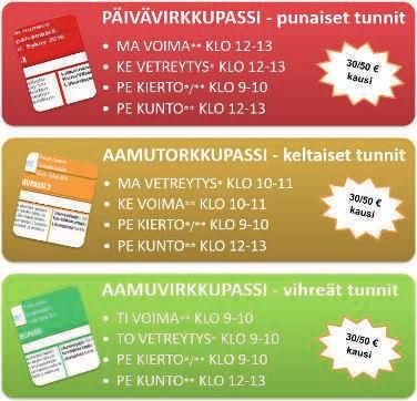 LIIKUNTAPASSIRYHMÄT Liikuntapassiryhmät ovat kaikenikäisille sopivia ryhmäliikuntatunteja. Tunnit on jaoteltu kevyisiin (*) ja keskiraskaisiin (**)tunteihin.