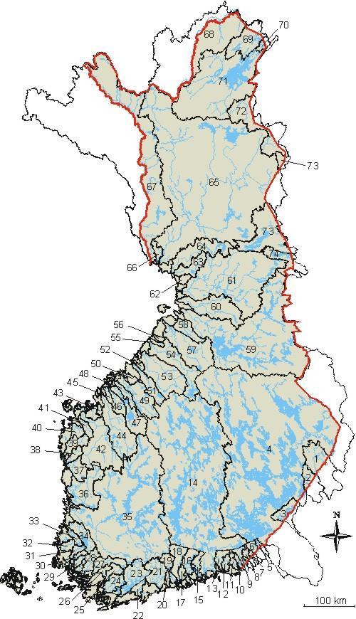 Suomen valuma-aluejärjestelmä Päävedenjakajat: Maanselkä Suomenselkä Päävesistöalueet (river basin) suuret (> 200 km 2 ) valuma-alueet, Suomessa 74 kpl Suurimmat Vuoksi (nro 4), Kemijoki (65),