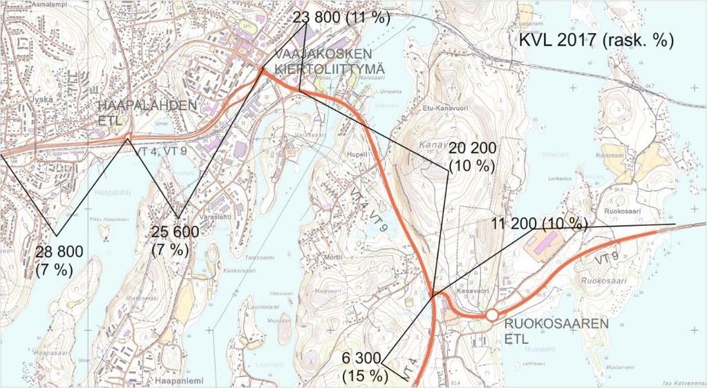 Suunnittelualueella valtatie 4 sijoittuu Vaajakosken taajamassa osittain asutuksen keskelle. Tien varrella on myös jonkin verran teollisuutta ja palvelutoimintoja.