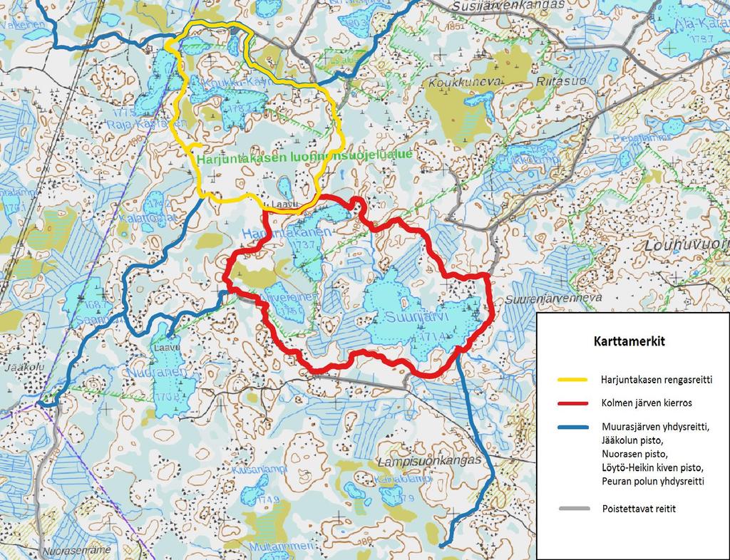 Kartta 3a. Uudet rengasreitit ja Jääkolun ja Heikinkiven pistot.