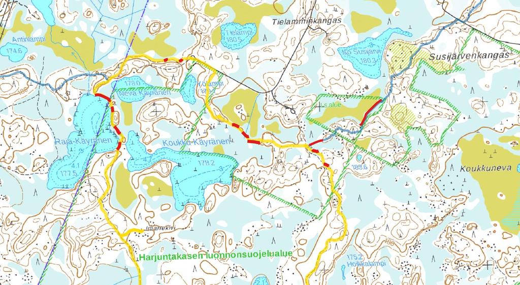 Kartta 5c. Harjuntakasen rengasreitillä pitkospuut on hyvä uusia Raja-Käyräsen rannasta.