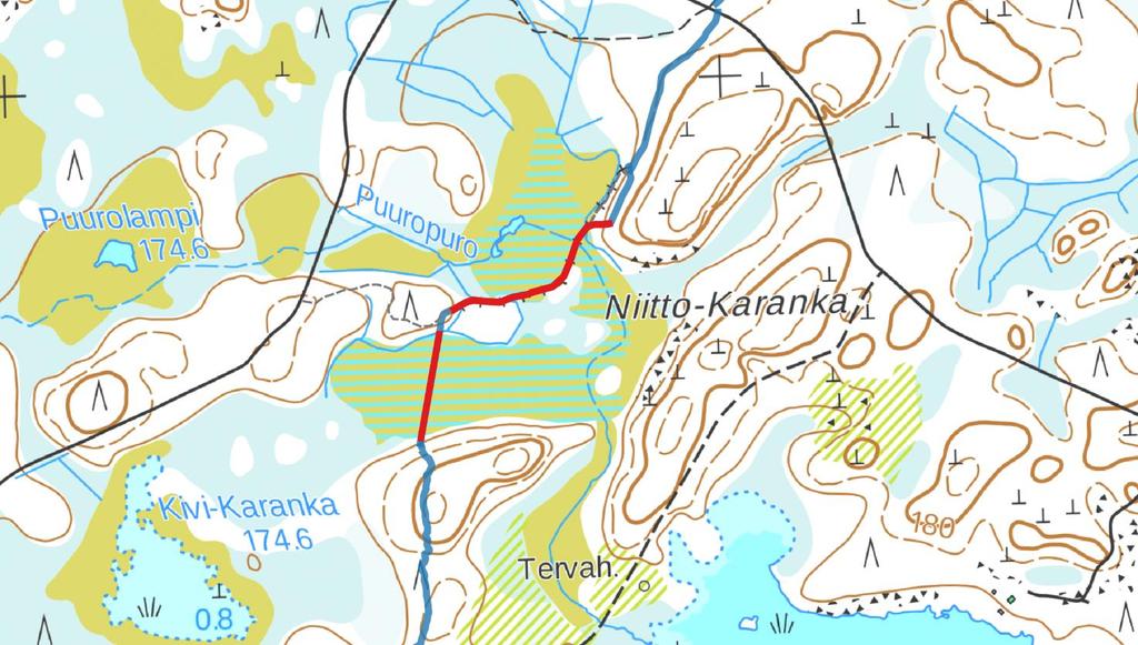 ja Muurasjärven yhdysreitillä (kosteimpiin kohtiin). Kartta 5d. Muurasjärven yhdysreitillä uusia pitkospuita tarvitsee aivan reitin päässä, lähellä Harjuntakasen rengasreittiä.