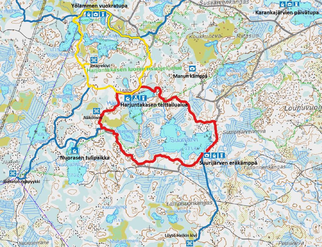 Vanhoja reittejä ja uusia reittejä Autiokämppä, päivätupa tai vuokratupa (karttoihin ja opasteviittoihin eriteltävä avoin ja lukittu tupa eri symbolein) Telttailualue