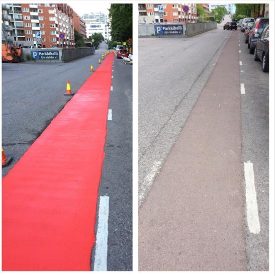kivisirotepinnoitteella (kuva 4) tai maalattuna asfalttina, kuten esimerkiksi Kauppiaskadun pyöräkaistoilla.