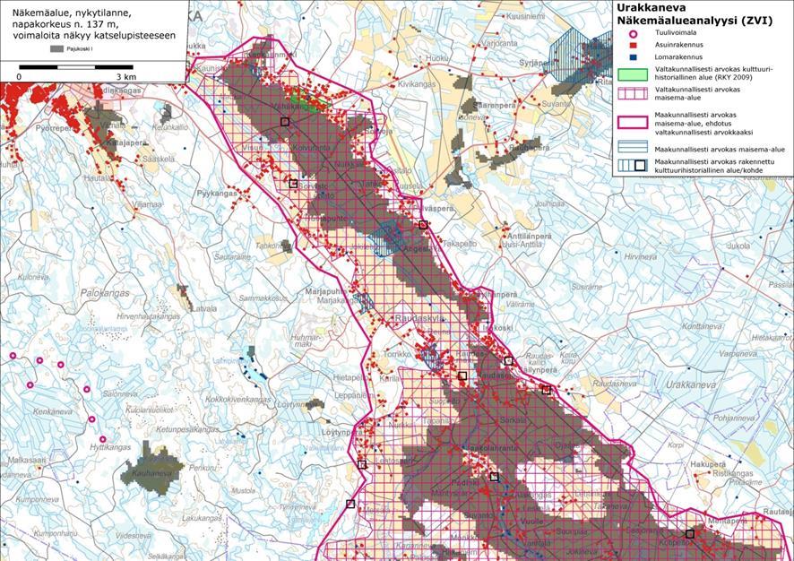 Kuva 79. Näkymäalueanalyysi, nykytilanne. Pajukoski I toiminnassa olevien voimaloiden näkyminen Kalajokilaaksossa. Kuva 80.