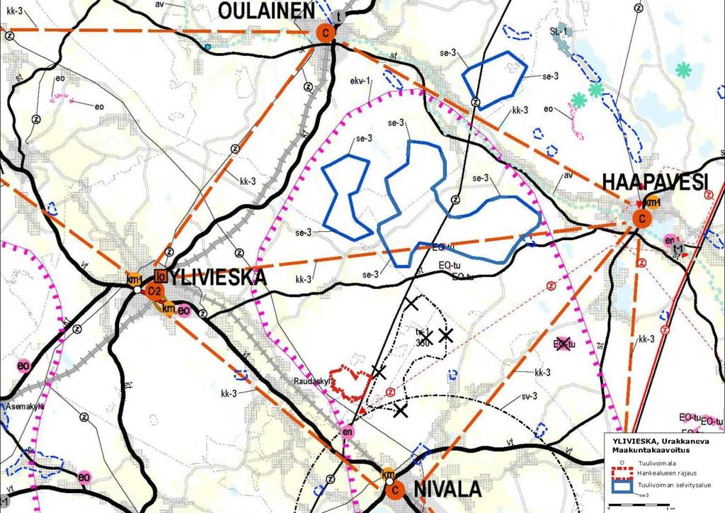 Kuva 86. Ote Pohjois-Pohjanmaan 3. vaihemaakuntakaavan ehdotusvaiheen lausuntoaineiston kartasta (ei julkinen kuuleminen). Selvitysalueet on merkitty karttaan sinisellä aluerajauksella.