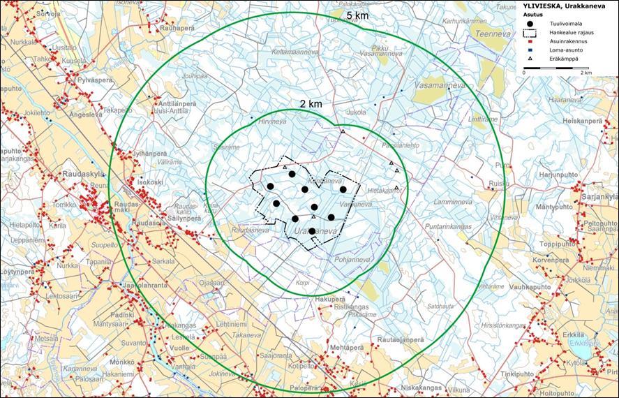 la sijaitsevat Mehtäperä ja Rautaojanperä sekä itäpuolella sijaitseva Sarjankylä. Etäisyys lähimpiin suunniteltuihin voimaloihin Mehtäperältä on noin 3,5 kilometriä ja Sarjankylältä noin 7 kilometriä.