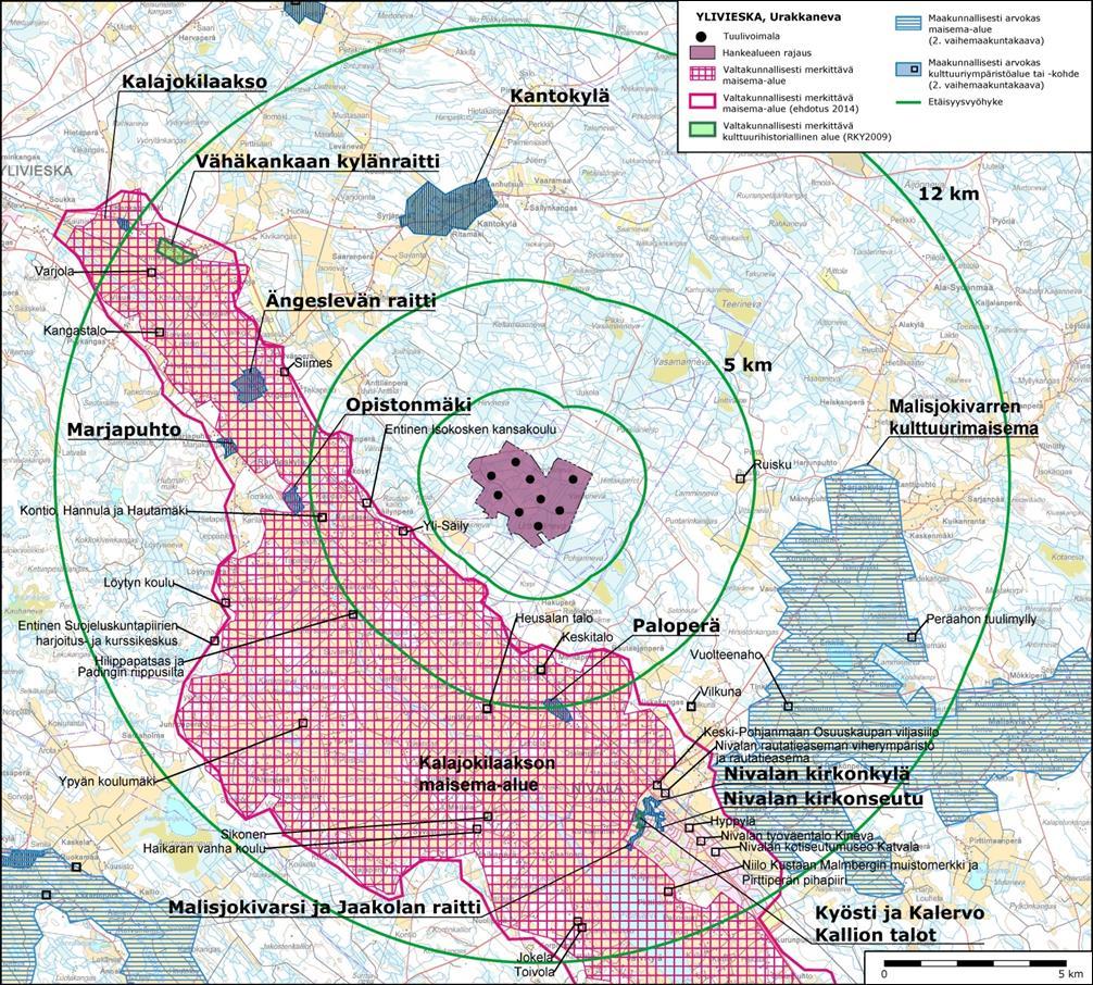 Kuva 7. Kaava-alueen ympäristöön sijoittuvat valtakunnallisesti ja maakunnallisesti arvokkaat maisema- ja kulttuurihistorialliset kohteet 12 kilometrin etäisyydellä suunnitelluista voimaloista. 5.3.