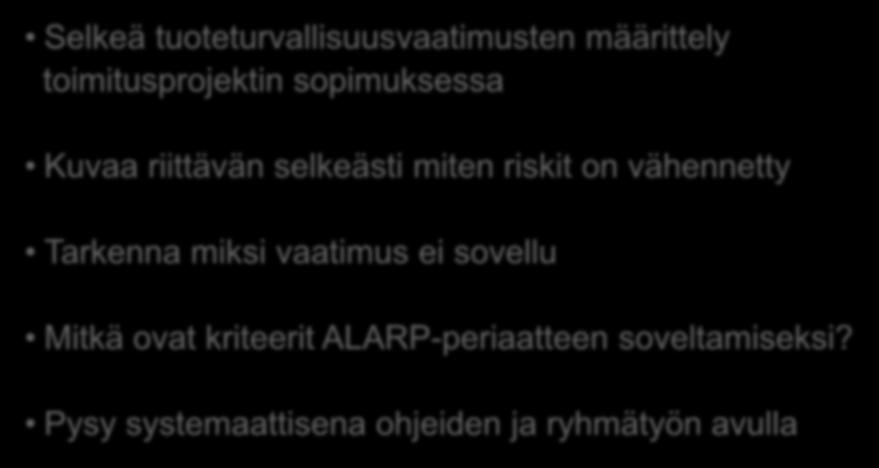 Loppupäätelmät Selkeä tuoteturvallisuusvaatimusten määrittely toimitusprojektin sopimuksessa Kuvaa riittävän selkeästi miten riskit on