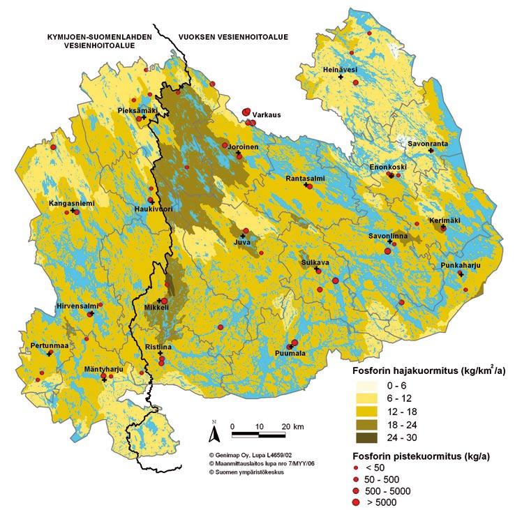 Kuva 5. Kokonaisfosforin laskennallinen piste- ja hajakuormitus Etelä-Savossa 3. jakovaiheen vesistöalueilla. Tiedot on koottu VEPS- ja VAHTI-rekistereistä.