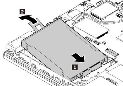 5. Aseta muunnin 1 paikalleen ja käännä sitä sitten alaspäin 2. Varmista, että muunnin on kunnolla paikallaan ja että teippi ei peitä kaiutinta. 6. Liitä kaapeli emolevyyn. 7.