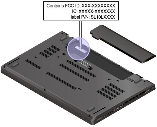 FCC- ja IC-laitehyväksyntämerkintä FCC- ja IC-laitehyväksyntätiedot näkyvät tietokoneessa olevassa tarrassa, joka on esitetty seuraavassa kuvassa.