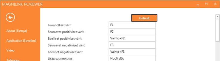 5.4.5 Short cut commands (Pikavalintakomennot) Sovelluksen pikavalintakomentoja voidaan muuttaa tässä valikossa.