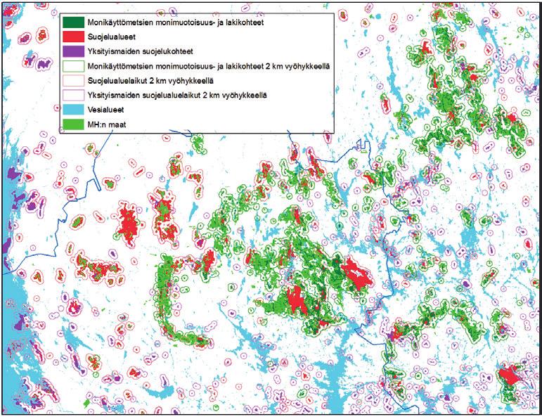 Kuva 6. Ekologisen verkoston kytkeytyneisyys Pohjois-Pirkanmaan ja Keski-Suomen valtion mailla. Kuva 7. Ekologisen verkoston kytkeytyneisyys Pohjois-Karjalan valtion mailla. Värien selite kuvassa 6.