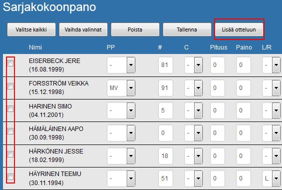 Toiminnot tässä osiossa ovat muuten samat kuin sarjakokoonpanossa, mutta tältä sivulta voidaan lisätä pelaajia ottelun kokoonpanoon. Prosessi on selitetty tarkemmin alapuolella.