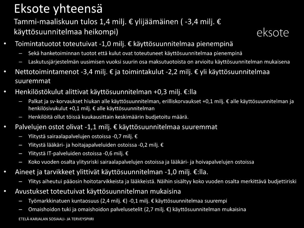 arvioitu käyttösuunnitelman mukaisena Nettotoimintamenot -3,4 milj. ja toimintakulut -2,2 milj. yli käyttösuunnitelmaa suuremmat Henkilöstökulut alittivat käyttösuunnitelman +0,3 milj.