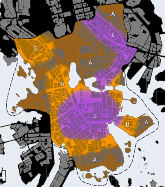 RATKAISUEHDOTUKSIA KÄYTTÖTARKOITUKSEN LAAJENTAMISEKSI JA PROSESSIEN TEHOSTAMISEKSI Kartta: Helsingin kantakaupungin konversioperiaatteiden vyöhykkeet.