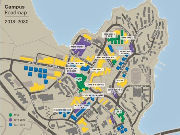 Aluelähtöinen esimerkki: Otaniemen kampus, Espoo Jatkuvat tarpeet Väliaikaiset tarpeet Käyttötarkoituksen uudistaminen pysyväksi käyttötarkoitukseksi Tilapäinen käyttö toistaiseksi Väliaikaiskäyttö