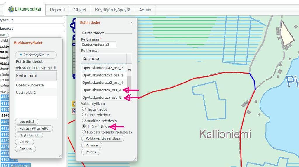 Kun olet piirtänyt puuttuvat reittiosat, reittiin voidaan vielä liittää ensin piirretystä reitistä tarpeelliset osat. Valitse Liitä reittiosa. Klikkaa liitettävää reittiosaa kartalla.