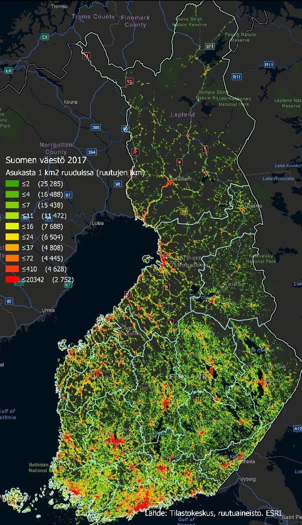 Enää noin 1/3 osa koko maasta on vakituisesti asuttua Suomen maapinta-alasta on 32,7 % vakinaisesti asuttuja 1 x 1 km karttaruutuja ja kaksi kolmasosaa asumattomia.