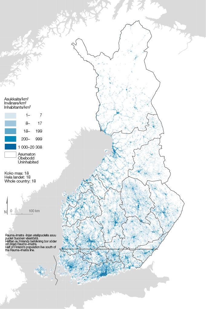 Yhdeksän kymmenestä asuu Joensuun eteläpuolella Maantieteellinen keskipiste sijaitsee Oulun alapuolella Siikalatvan kunnassa, mutta väestöllinen keskipiste sijaitsee Hämeenlinnan