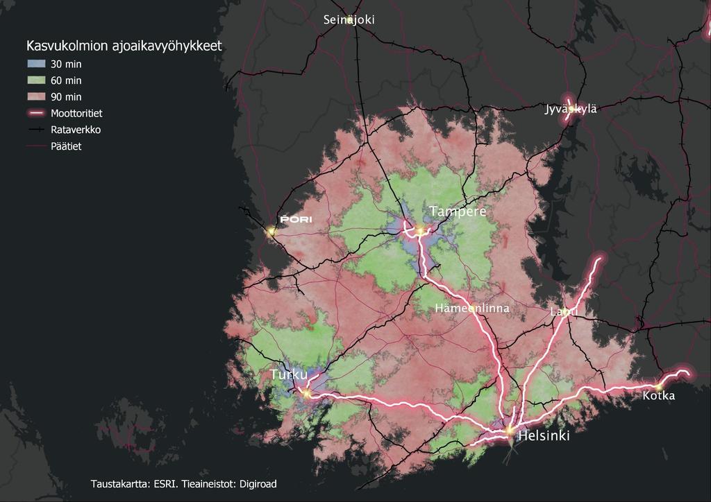 Kaksi kolmesta asuu kasvukolmion alueella Helsinki-Tampere-Turku kasvukolmion 90 minuutin vaikutusalueella asuu