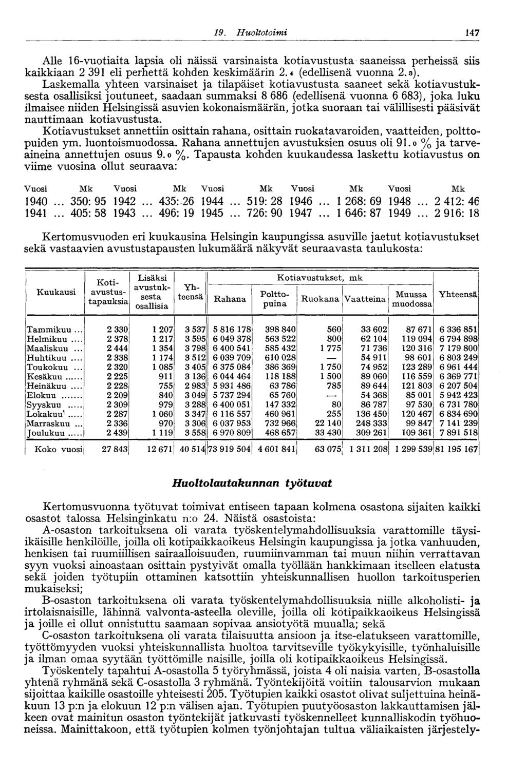 9. Huoltotoimi 47 Alle 6-vuotiaita lapsia oli näissä varsinaista kotiavustusta saaneissa perheissä siis kaikkiaan 2 9 eli perhettä kohden keskimäärin 2.4 (edellisenä vuonna 2.).
