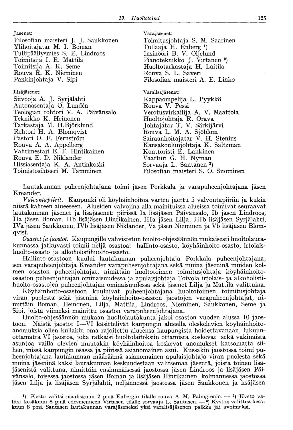 9. Huoltotoimi 25 Jäsenet: Filosofian maisteri J. J. Saukkonen Ylihoit ajatar M. I. Boman Tullipäällysmies S. E. Lindroos Toimitsija I. E. Mattila Toimitsija A. K. Seme Rouva E. K. Nieminen Pankinjohtaja V.