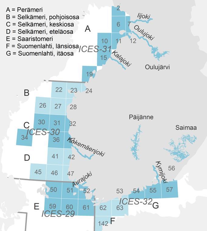 Hauesta, kuhasta, särjestä, mateesta ja nahkiaisesta näytteet otettiin yhden kokoluokan kaloista. Ahven-, kilohaili-, kuore-, lahna-, lohi-, muikku- ja siikanäytteet otettiin kahdesta kokoluokasta.