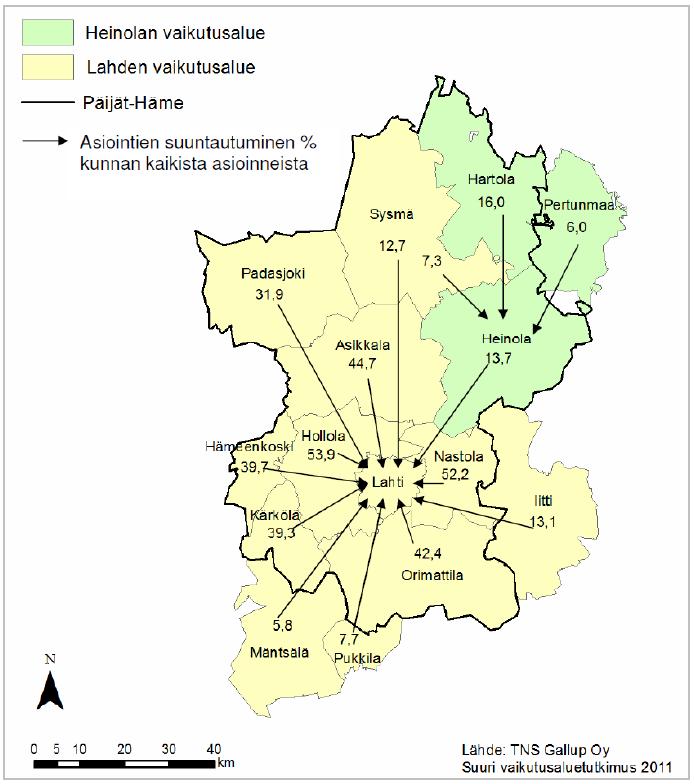 Lahteen ja Heinolaan suuntautuvien asiointien osuus kaikista asioinneista 2011 Lähde: Päijät-Hämeen liitto/tns Gallup Oy 2011 TNS Gallup tutkii vaikutusalueita ja asiointisuuntautumista kysymällä