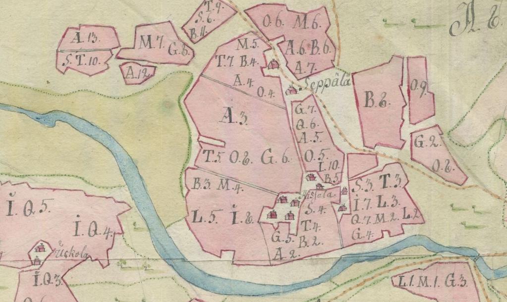 Kuva 1: Liikkalan yläpäätä 1771 77. Pohjoinen vasemmalla.