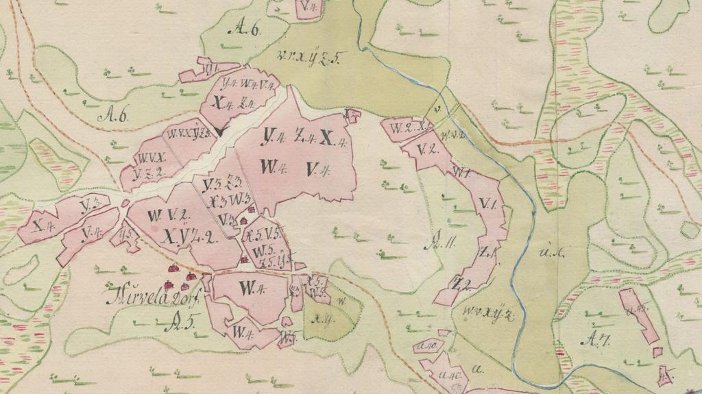 Kuva 3: Hirvelän kylää (Hirwelä Dorf) 1771 77. Pohjoinen vasemmalla.