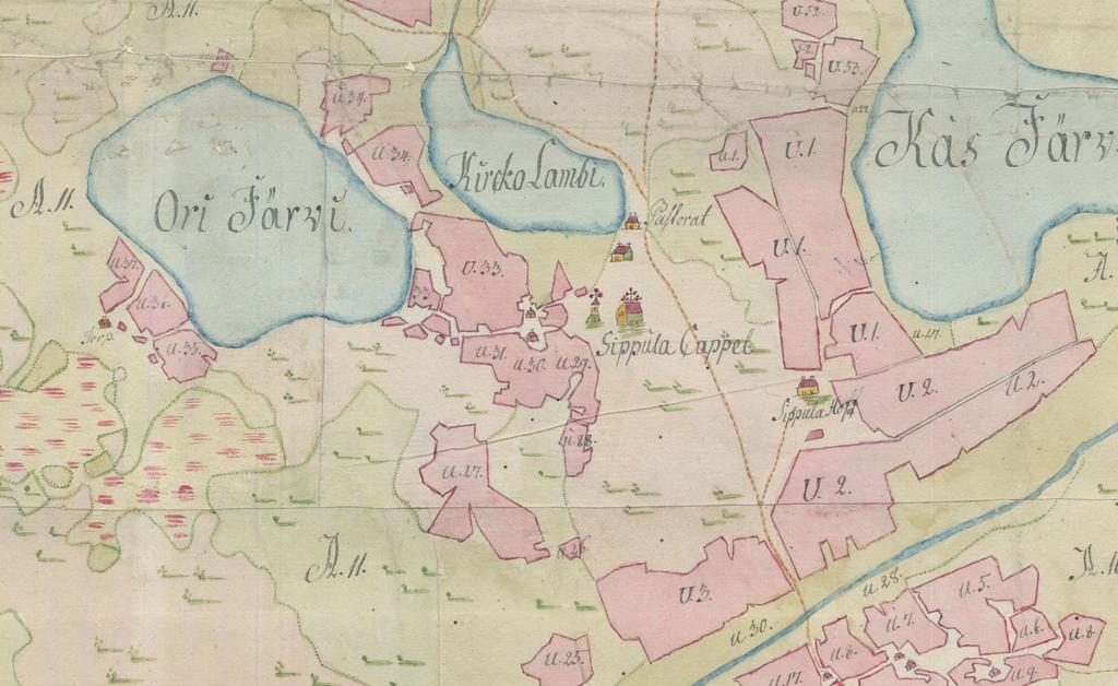 Kuva 4: Sippolan kappelin (Sippula Cappel), pappilan (Pastorat) ja hovin